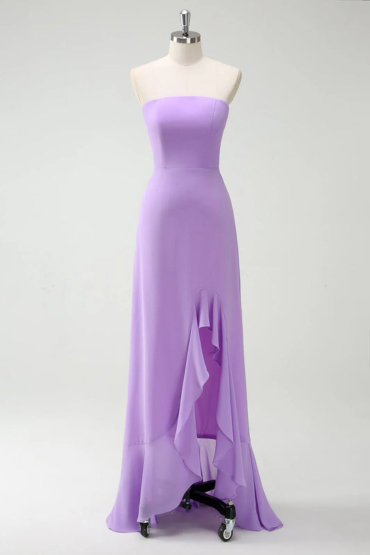Beaira Elegant Purple A-Line Strapless Lace Up Back Ruffled Long Bridesmaid Dress with Ruffled Slit