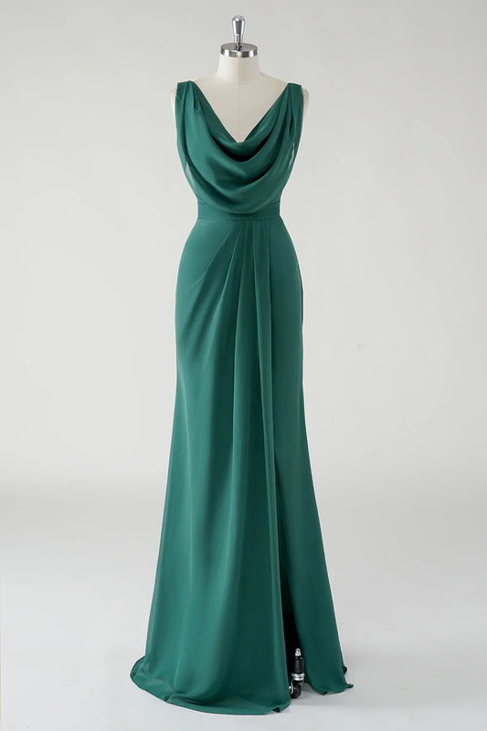 Beaira Elegant Dark Green Sheath Cowl Neck Chiffon Floor Length Bridesmaid Dress with Slit