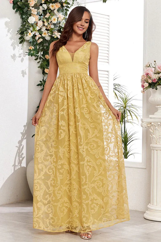 Beaira Elegant Yellow V-Neck Long Prom Dress With Appliques - Yellow