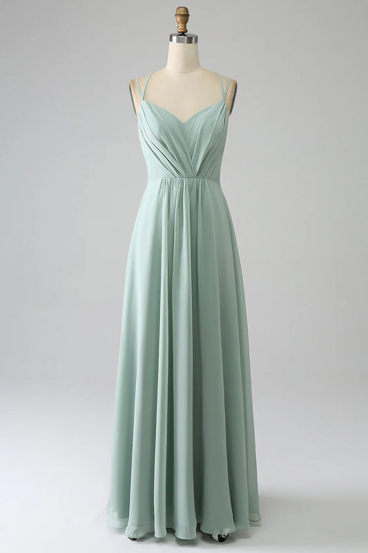 Beaira Matcha A-Line Spaghetti Straps Pleated Chiffon Floor Length Bridesmaid Dress Bridesmaid dress shop