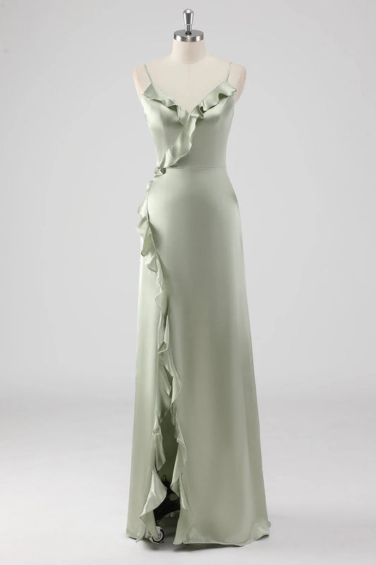 Beaira Simple Sage Long Satin V Neck Ruffled Sheath Bridesmaid Dress New Arrivals