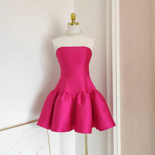 Beaira Cheap A line Strapless Hot Pink Satin Short Homecoming Dresses Birthday Outfits