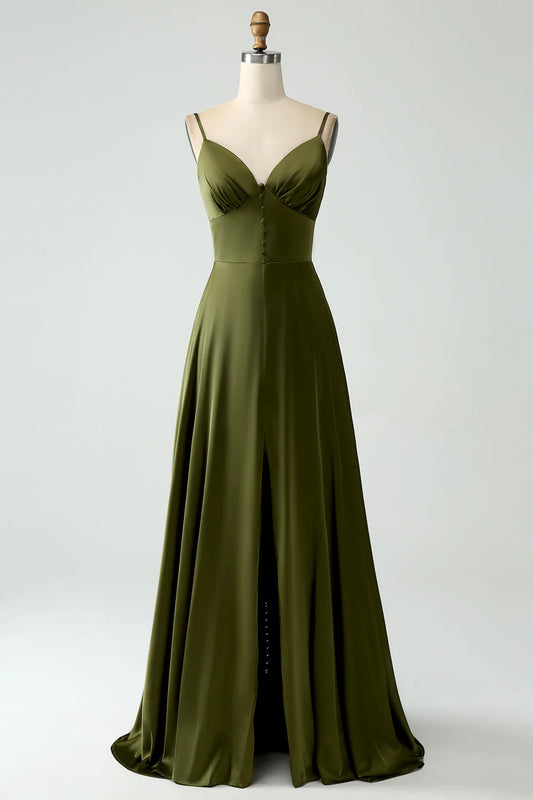 Beaira A-Line Spaghetti Straps Long Olive Bridesmaid Dress With Slit Bridesmaid dress shop