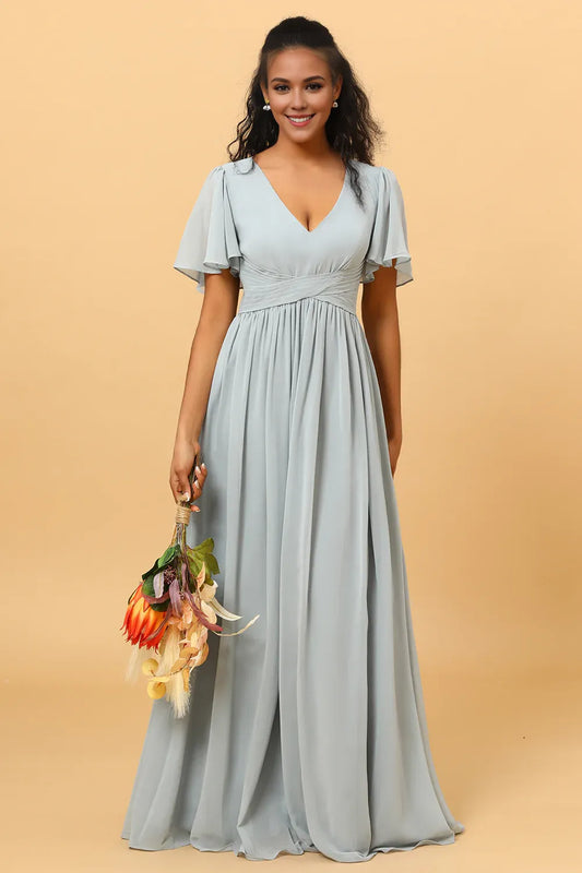 Beaira Elegant Dusty Blue A Line V Neck Short Sleeves Long Chiffon Bridesmaid Dress New Arrivals