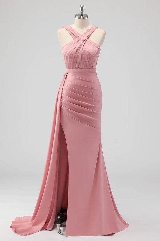 Beaira Elegant Blush Mermaid Cut Out Side Streamer Pleated Satin Long Bridesmaid Dress with Slit