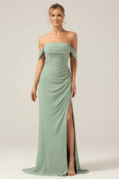 Beaira Dusty Sage Sheath Off the Shoulder Pleated Chiffon Bridesmaid Dress With Slit Bridesmaid dress shop