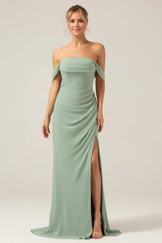 Beaira Dusty Sage Sheath Off the Shoulder Pleated Chiffon Bridesmaid Dress With Slit Bridesmaid dress shop