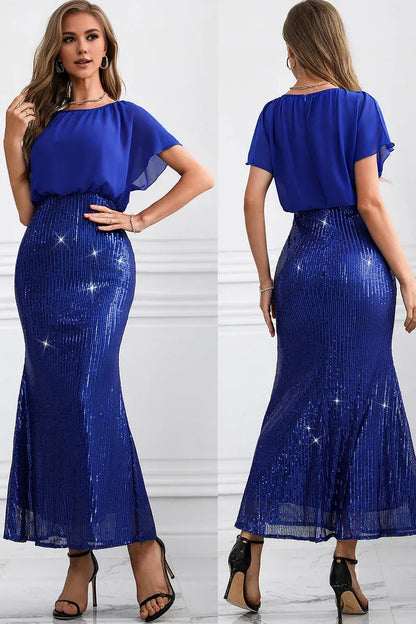Beaira Elegant Sparkly Royal Blue Long Batwing Sleeves Mermaid Prom Dress