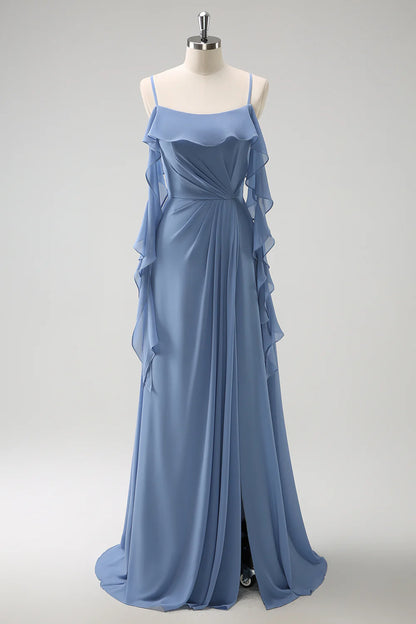 Beaira Grey Blue A Line Spaghetti Straps Pleated Chiffon Long Bridesmaid Dress with Slit Bridesmaid dress shop