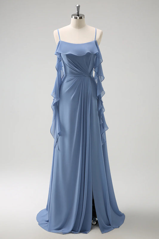 Beaira Grey Blue A Line Spaghetti Straps Pleated Chiffon Long Bridesmaid Dress with Slit Bridesmaid dress shop