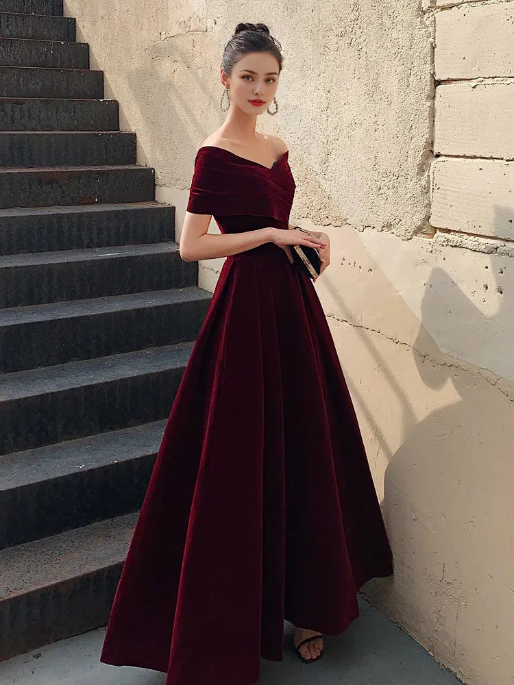 Beaira A-Line Burgundy off Shoulder Tea Length Prom Dress Burgundy Formal Dress Bridesmaid dress shop