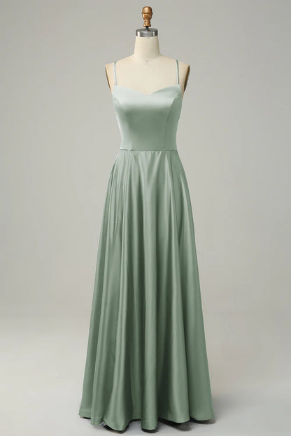 Beaira Dusty Sage A Line Spaghetti Straps Backless Satin Bridesmaid Dress Bridesmaid dress shop