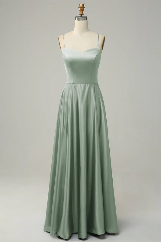 Beaira Dusty Sage A Line Spaghetti Straps Backless Satin Bridesmaid Dress Bridesmaid dress shop