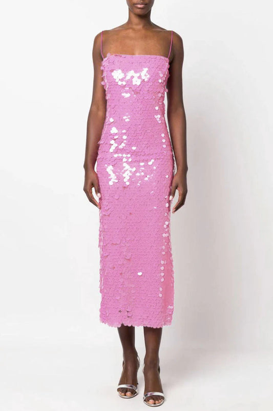 Beaira Unique Sparkly Mermaid Sequin Spaghetti Strap Split Evening Maxi Dress - Pink