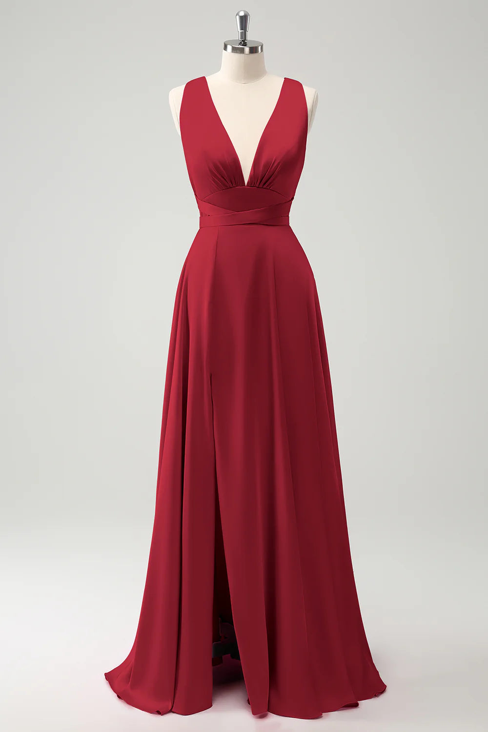 Beaira Burgundy A Line Deep V Neck Backless Long Bridesmaid Dress with Slit Bridesmaid dress shop