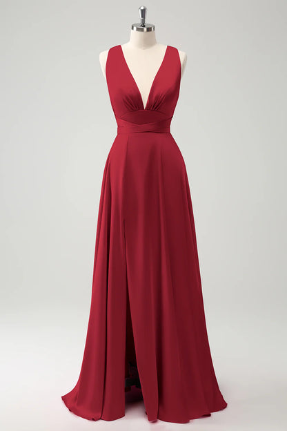 Beaira Burgundy A Line Deep V Neck Backless Long Bridesmaid Dress with Slit Bridesmaid dress shop