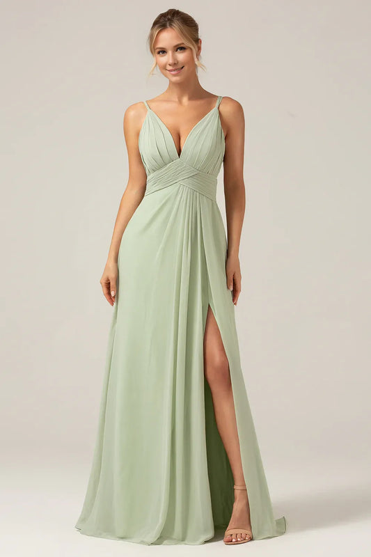 Beaira Dusty Sage A-Line Spaghetti Straps Pleated Chiffon Maternity Bridesmaid Dress With Slit Bridesmaid dress shop
