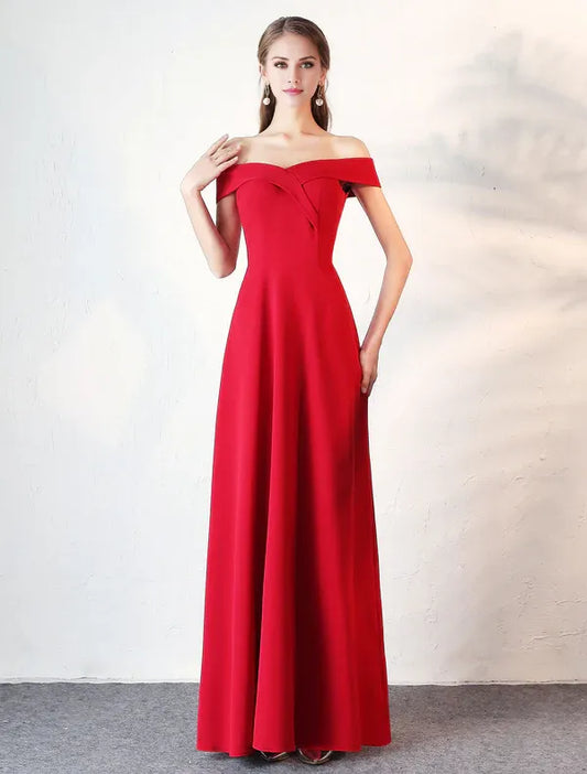 Beaira Stunning Evening Dresses Burgundy Off The Shoulder evening dress Satin Floor Length Formal Party Dress wedding guest dress
