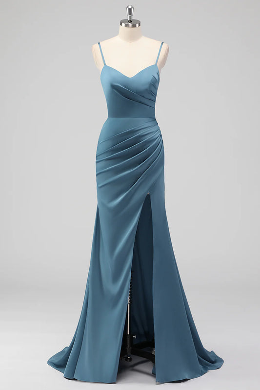 Beaira Elegant Dusty Blue Mermaid Spaghetti Straps Pleated Satin Long Bridesmaid Dress with Slit