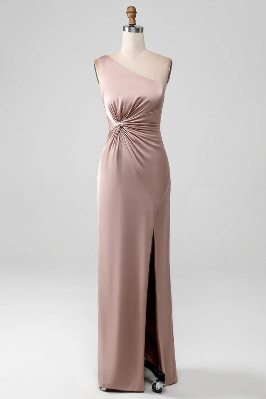Beaira Dusty Rose Mermaid One Shoulder Pleated Satin Bridesmaid Dress With Slit Bridesmaid dress shop