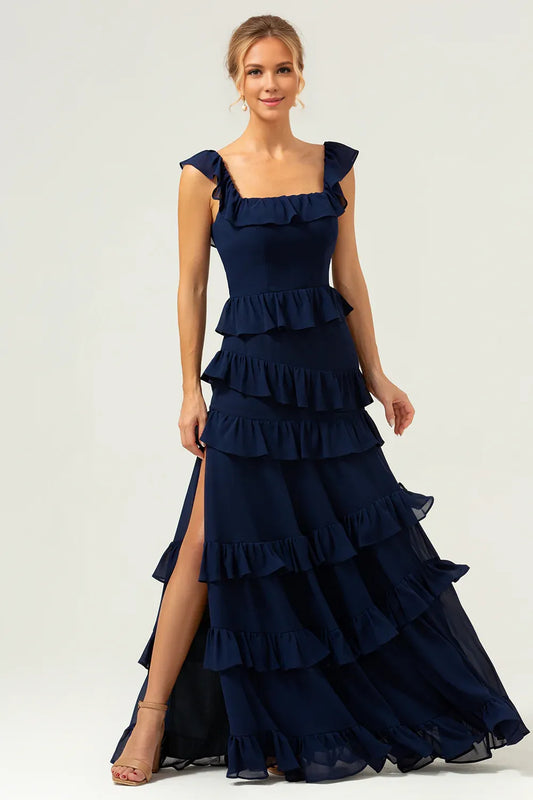 Beaira Dark Navy A-Line Square Neck Tiered Long Bridesmaid Dress Bridesmaid dress shop