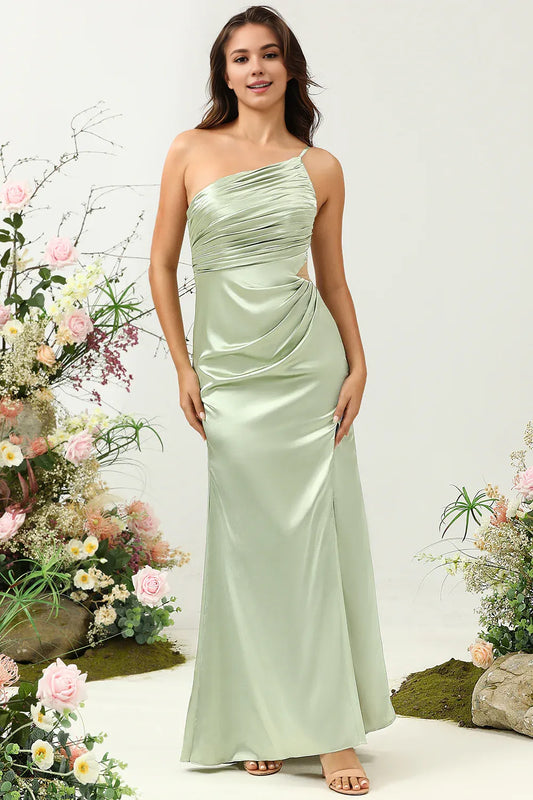 Beaira Sage A Line One Shoulder Bright Satin Bridesmaid Dress with Slit Bridesmaid dress shop