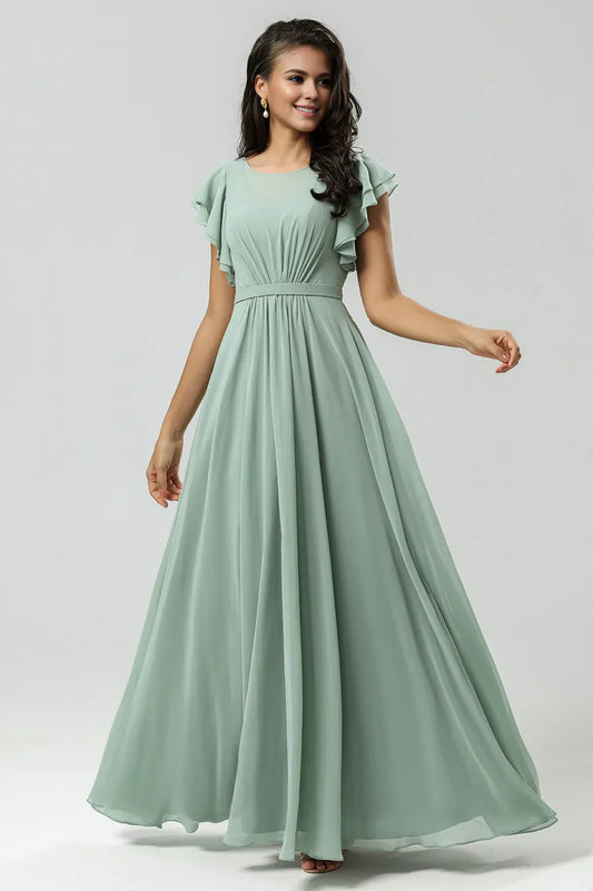 Beaira Matcha A Line Round Neck Ruched Floor Length Chiffon Bridesmaid Dress Bridesmaid dress shop