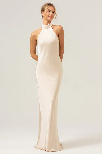 Beaira Champagne Sheath Halter Backless Long Satin Bridesmaid Dress with Slit Bridesmaid dress shop