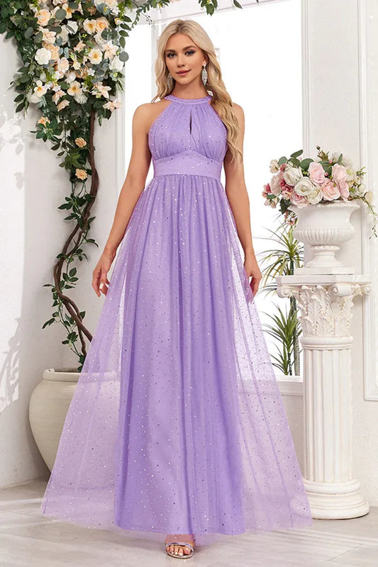 Beaira Elegant Sparkly Purple A Line Halter Long Prom Dress - Purple
