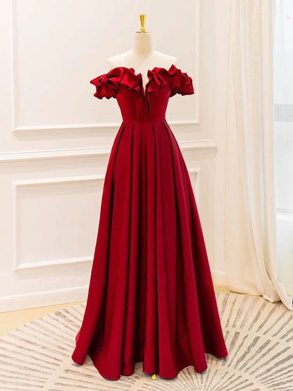 Beaira A-Line Off Shoulder Satin Burgundy Long Prom Dress Burgundy Evening Dresses Bridesmaid dress shop