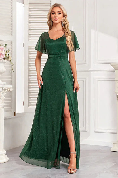 Beaira Elegant Sparkly Dark Green A Line Long Prom Dress With Slit - Dark Green