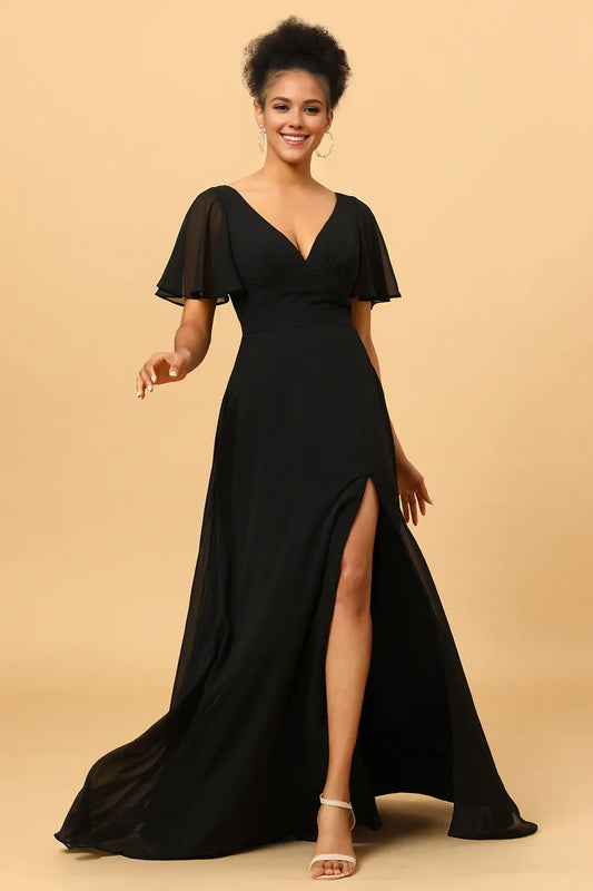Beaira Black A Line V-Neck Long Chiffon Floor Length Dress with Slit Bridesmaid dress shop