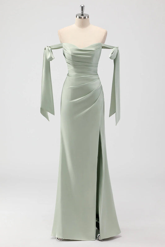 Beaira Simple Sage Green Mermaid Off The Shoulder Ruched Long Bridesmaid Dress with Slit New Arrivals
