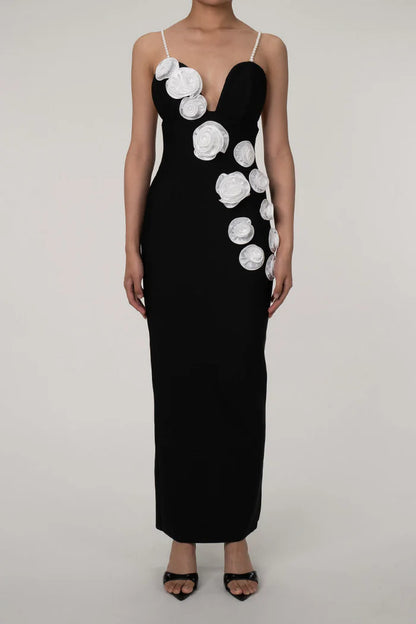 Beaira Simple Sexy White Rosette Plunge Neck Sleeveless Bandage Knit Evening Maxi Dress - Black