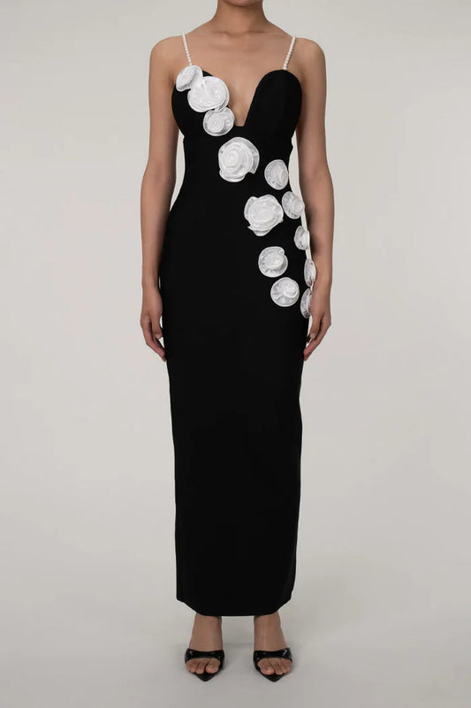 Beaira Simple Sexy White Rosette Plunge Neck Sleeveless Bandage Knit Evening Maxi Dress - Black