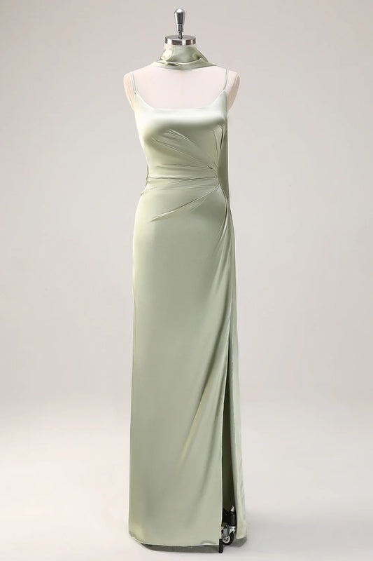 Beaira Sage Sheath Spaghetti Straps Streamer Long Satin Bridesmaid Dress with Slit Bridesmaid dress shop
