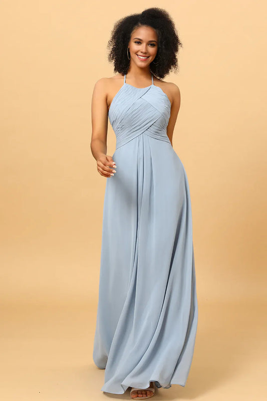 Beaira Dusty Blue Sheath Halter Open Back Long Chiffon Bridesmaid Dress Bridesmaid dress shop