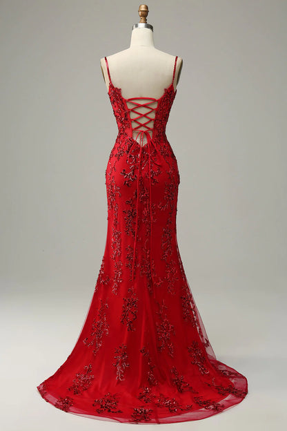 Mermaid Spaghetti Straps Red Sequins Long Prom Dress with Split Front