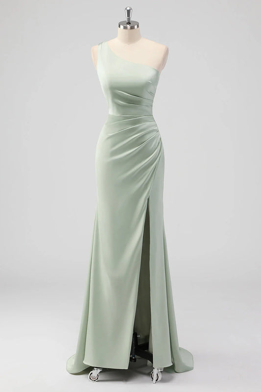 Beaira Simple Sage Green Sheath One Shoulder Satin Long Bridesmaid Dress with Slit New Arrivals