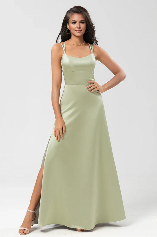 Beaira Dusty Sage A Line Spaghetti Straps Floor-Length Satin Bridesmaid Dress with Slit Bridesmaid dress shop