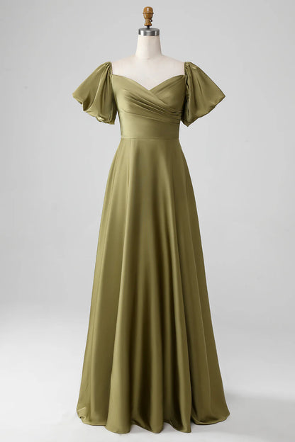 Beaira Olive A-Line Off The Shoulder Long Bridesmaid Dress with Short Sleeves Bridesmaid dress shop