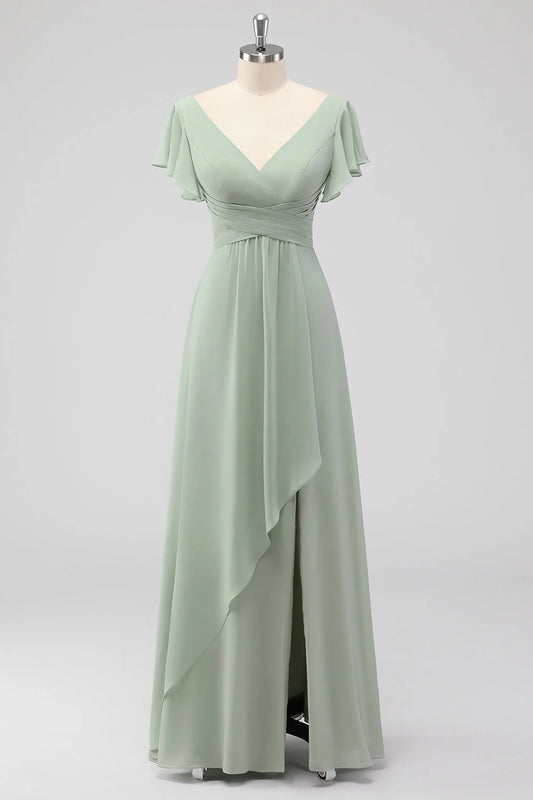 Beaira Simple Sage Green A-Line V-Neck Chiffon Long Bridesmaid Dress with Slit New Arrivals