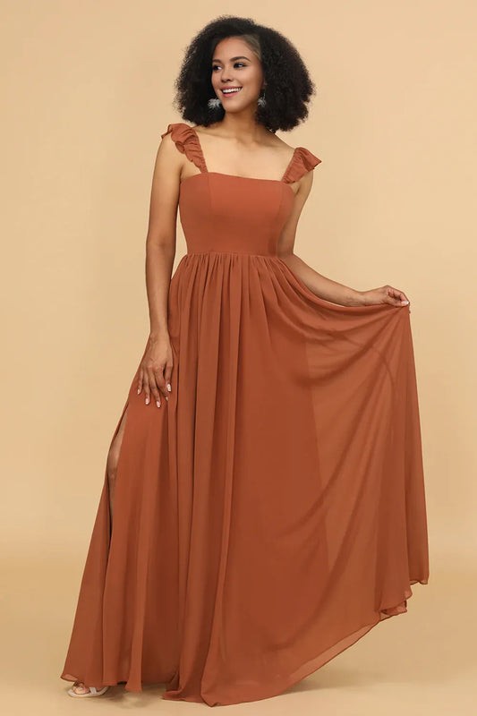 Beaira Terracotta A-Line Floor Length Chiffon Bridesmaid Dress With Ruffles Bridesmaid dress shop