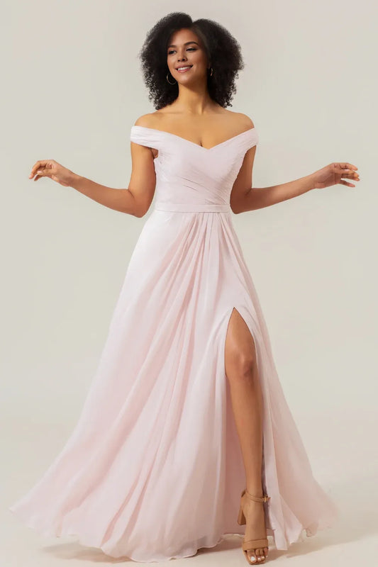 Beaira Blush Pink A-Line Off the Shoulder Chiffon Pleated Bridesmaid Dress with Slit Bridesmaid dress shop