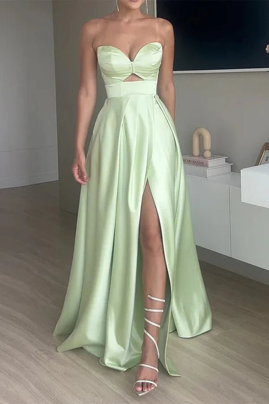 Beaira Sexy Prom Solid Color Slit Irregular Strapless Evening Dresses formal wear dresses - Green
