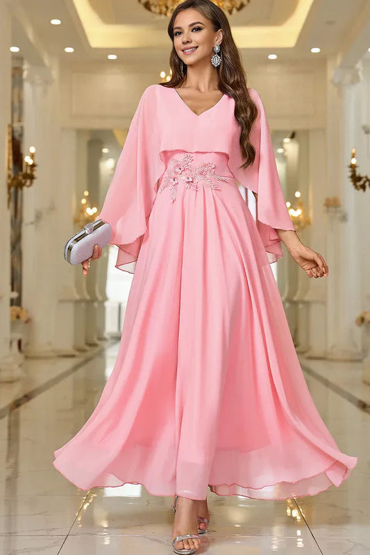 Beaira Elegant Pink A Line V Neck Shawl Sleeve Long Formal Dress - Pink