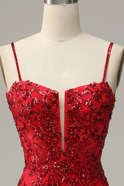 Mermaid Spaghetti Straps Red Sequins Long Prom Dress with Split Front