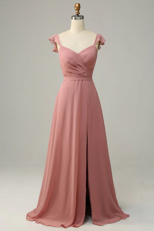 Beaira Dusty Rose A Line Ruffles Long Chiffon Bridesmaid Dress With Slit Bridesmaid dress shop