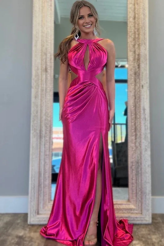 Beaira Sexy & Hot Mermaid Halter Sleeveless Pleated Prom Party Dress High Side Slit and Train Open Back Cocktail Dress