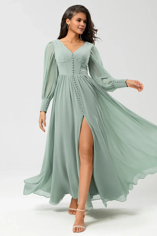 Beaira Matcha A Line Chiffon Ruffles Long Bridesmaid Dress with Slit Bridesmaid dress shop